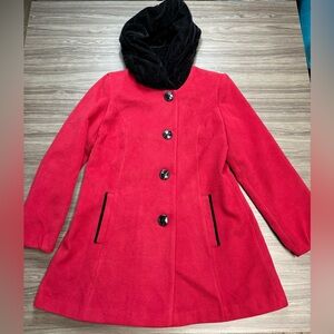 Susan Graver Red Coat with Black Velvet Hood Size Small